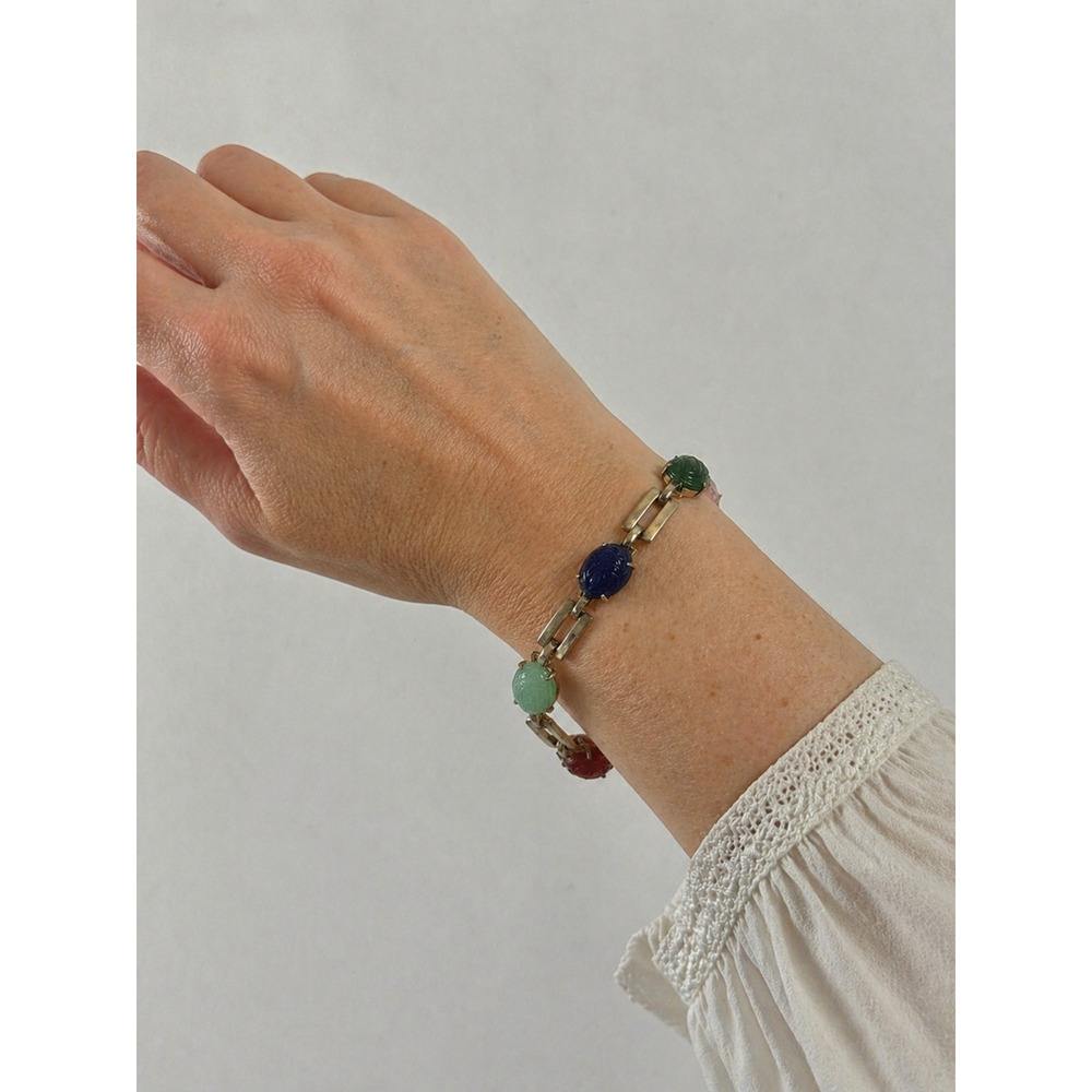 Vintage Gold Tone Scarab Bracelet Multi Color Carved Five Resin Stones Link 7.5"
